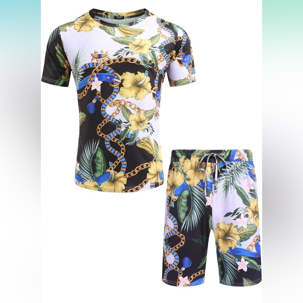 COOFANDY Men's 2 Piece Hawaiian T-Shirt Beach Floral Shorts Tracksuit‎ | NEW!!🌺 - Picture 5 of 7